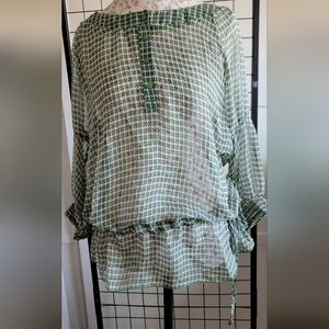 NWT YUKA Printed Voile Women's Top in Green and Blue SIZE T2=Medium